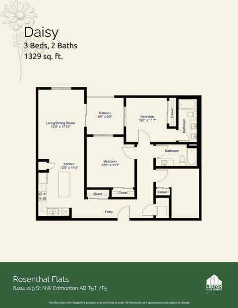 Floor plan for 3 beds, 2 baths, 1347 sqft